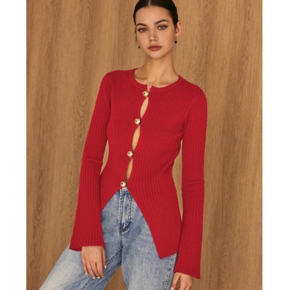 Commense Golden Button Split Knit Top Red NWT, Size L